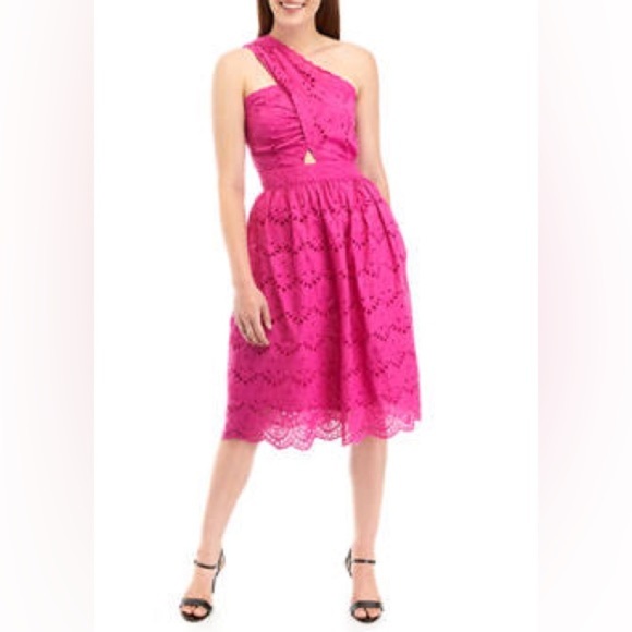 French Connection Appelona One Shoulder Cut-Out Midi Dress Pink Eyelet NWOT - Picture 15 of 16